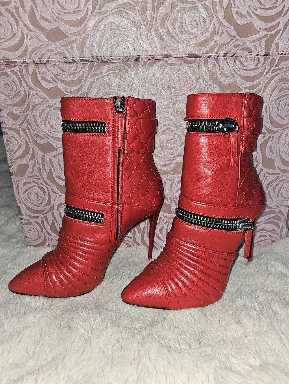 ❤️ Giuseppe Zanotti Olinda 110 Red Leather Double-Zip Accent Booties, EU 38.5